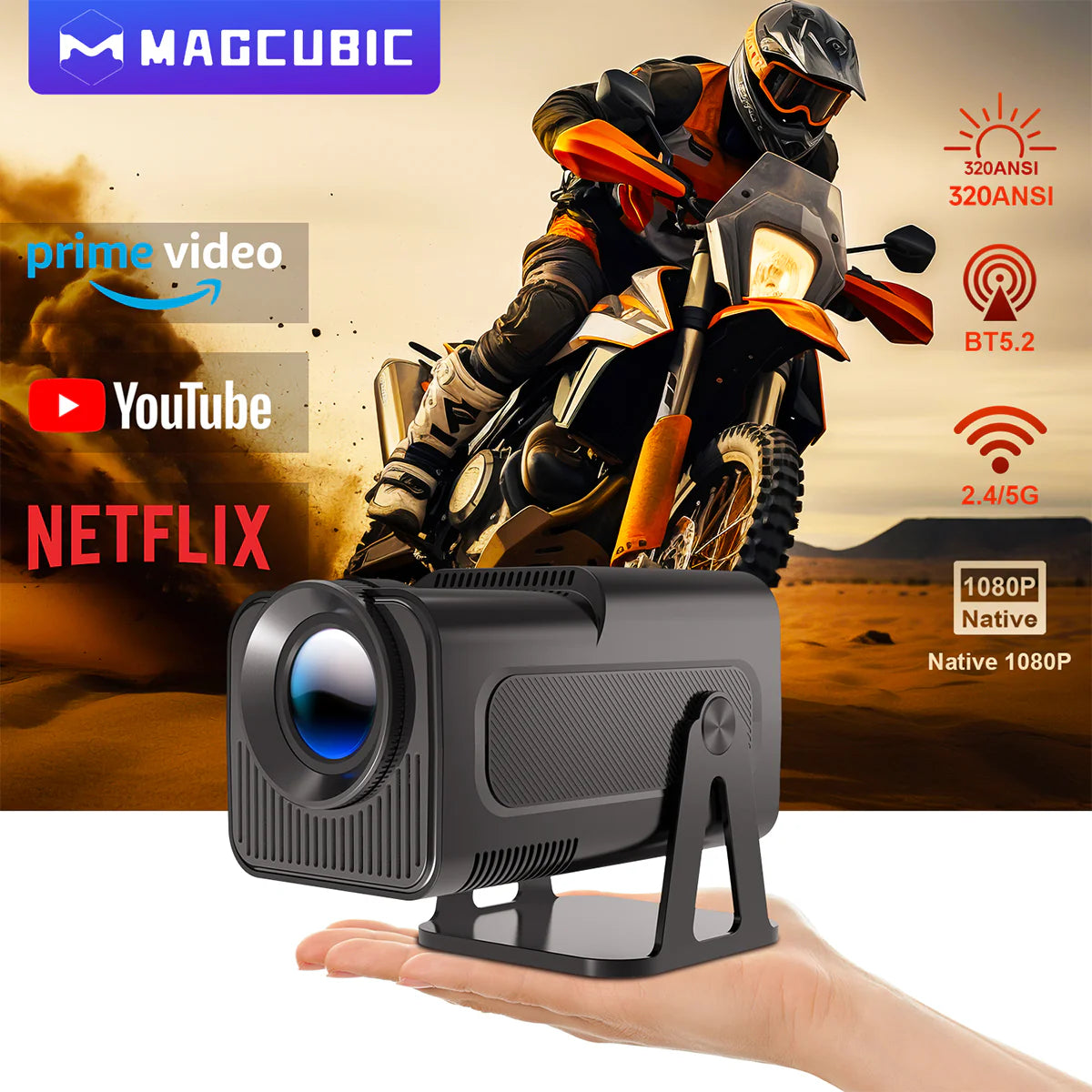 Magcubic HY320 NTV Netflix Officially Licensed Android 13 Projector with 1080P 320ANSI Prime Video YouTube WiFi BT5.2 Portable