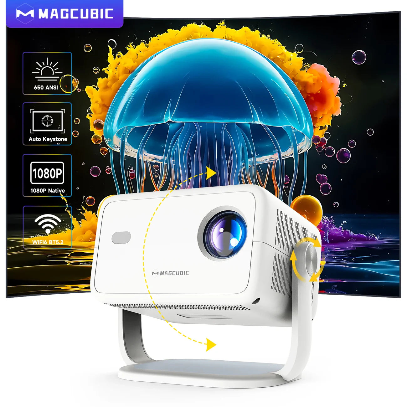 Magcubic L018 Portable Outdoor Projector | 650 ANSI Lumens, Native 1080P, 4K Support, Android 11, 180° Rotation, Auto Keystone & Focus, WiFi 6 & Bluetooth 5.2 for Home Theater & Travel