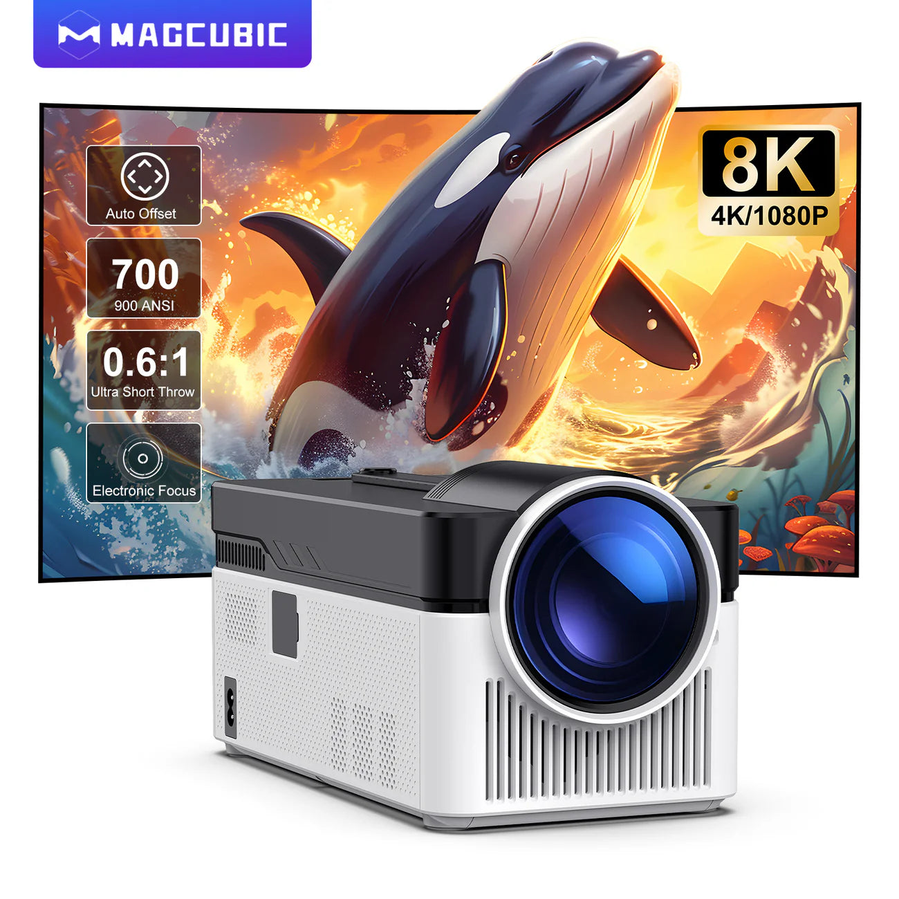 Magcubic HY450 Ultra Short Throw Projector | 900 ANSI, Native 1080P, 8K Input Support | WiFi 6, Bluetooth 5.4, Auto Focus, Dual Speakers